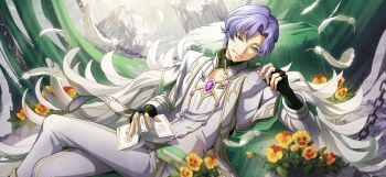 1boy artist_request blue_eyes blurry blurry_foreground book brooch cape chain closed_mouth coat code_geass code_geass:_lost_stories collarbone crossed_legs feathers fingerless_gloves flower game_cg gem glasses gloves gold_trim green_gloves hair_intakes half-closed_eyes happy highres holding holding_book holding_removed_eyewear jewelry lloyd_asplund looking_at_viewer male_focus non-web_source official_art open_book orange_flower pants pillar purple_gemstone reclining rimless_eyewear ruins short_hair smile solo unworn_eyewear white_cape white_coat white_feathers white_pants yellow_flower