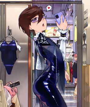 2girls ayase_momo bayonetta bayonetta_(cosplay) bayonetta_(series) bayonetta_2 blue_bodysuit blue_leotard bodysuit brown_hair cellphone cesar_art456 closed_eyes clothes_hanger clothes_shop commentary_request cosplay cowboy_shot dandadan earrings from_side glasses hair_between_eyes heart highres holding holding_phone indoors jewelry kirby kirby_(series) leotard long_sleeves multiple_girls nintendo open_mouth phone pink-tinted_eyewear pink_hair poster_(object) shiny_clothes shiratori_aira_(dandadan) short_hair smartphone solo_focus spanish_commentary spoken_heart standing tinted_eyewear