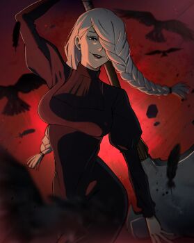 1girl axe bird black_dress black_feathers braid braided_bangs braided_ponytail breasts crow dress feathers hair_over_face hair_over_one_eye highres holding holding_axe jujutsu_kaisen large_breasts long_hair long_sleeves looking_at_viewer mei_mei_(jujutsu_kaisen) one_eye_covered puffy_sleeves smile solo tight_clothes tight_dress turtleneck turtleneck_dress vivid_(key) white_hair