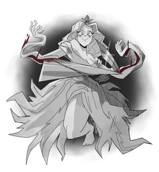 1girl absurdres arm_blade astroinfinite attack bare_shoulders barefoot blood bloody_weapon blush_stickers breasts cleavage closed_mouth crazy crazy_eyes crown dress greyscale highres incoming_attack jagged_sword large_breasts legs long_hair looking_at_viewer monochrome off-shoulder_dress off_shoulder princess princess_(slay_the_princess) simple_background slay_the_princess smile solo sword the_razor_(slay_the_princess) weapon wrist_blades