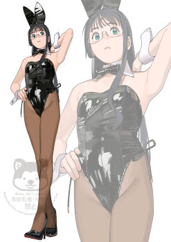 Rule 34 | 1girl, absurdres, alternate costume, animal ear hairband, animal ears, black hair, black leotard, black shoes, bow, bowtie, breasts, brown pantyhose, detached collar, fake animal ears, full body, glasses, green eyes, hairband, hand on own hip, highres, kantai collection, leotard, long hair, looking at viewer, ojipon, ooyodo (kancolle), pantyhose, playboy bunny, rabbit ears, see-through clothes, see-through strap, shoes, side-tie leotard, small breasts, solo, strap, strapless, strapless leotard, watermark, white background, wrist cuffs