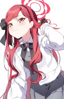 1girl black_hairband blue_archive blush breasts brown_eyes collared_shirt commentary dress grey_dress hair_ribbon hairband halo highres jacket kuu_(user_gngs5284) long_hair long_sleeves looking_at_viewer neck_ribbon open_clothes open_jacket red_hair ribbon shirt small_breasts smile solo swept_bangs takane_(blue_archive) white_jacket white_shirt