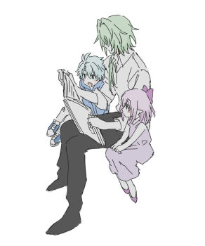 1girl 2boys :d age_difference aged_down alternate_costume anaxa_(honkai:_star_rail) antenna_hair bandaid bandaid_on_knee bandaid_on_leg bare_shoulders black_panties black_shoes blue_eyes blue_hoodie blue_shoes blush_stickers book bow castorice_(honkai:_star_rail) closed_mouth collared_shirt covered_eyes dress expressionless flats from_side full_body green_hair hair_between_eyes hair_bow hair_over_shoulder hands_on_lap highres holding holding_book honkai:_star_rail honkai_(series) hood hood_down hoodie invisible_chair long_sleeves low_side_ponytail medium_hair multiple_boys open_book open_mouth panties partially_colored phainon_(honkai:_star_rail) pink_hair pointy_ears profile purple_bow purple_dress purple_shoes reading shirt shoes short_hair simple_background sitting sleeveless sleeveless_dress sleeves_rolled_up smile sneakers strdiary999 teacher_and_student underwear white_background white_hair white_shirt