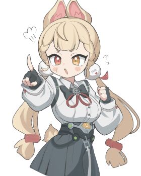 1girl :o alice_thymefield animal_ears black_gloves blonde_hair blush_stickers collared_shirt cowboy_shot fingerless_gloves flying_sweatdrops gloves green_skirt hair_ornament heterochromia highres ketsu_juuji_killer_(kejuki) long_hair long_sleeves low_twintails open_mouth pleated_skirt pointing puff_of_air rabbit_ears rabbit_girl red_eyes shirt simple_background skirt solo sphere_hair_ornament thick_eyebrows twintails v-shaped_eyebrows white_background white_shirt yellow_eyes zenless_zone_zero