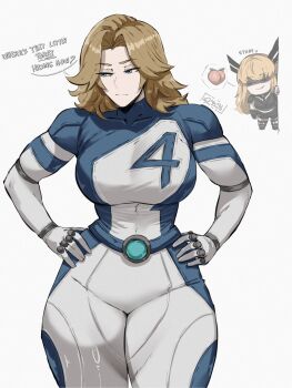 2girls absurdres armor artist_name belt black_armor black_boots black_gloves black_shorts blonde_hair blue_belt blue_bodysuit blue_eyes bodysuit boots breastplate breasts closed_mouth commentary cowboy_shot english_commentary english_text fantastic_four fingerless_gloves food fruit full_armor gloves gy_beth half-closed_eyes hand_up hands_on_own_hips headgear heart highres large_breasts long_hair looking_at_another looking_to_the_side magik_(x-men) marvel marvel_rivals midriff multicolored_bodysuit multiple_girls number_print pauldrons peach shaded_face short_shorts shorts shoulder_armor simple_background smile solo_focus speech_bubble spoken_food standing sue_storm superhero_costume teeth thick_thighs thighs two-tone_bodysuit white_background white_bodysuit x-men