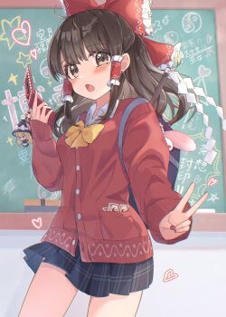 1girl absurdres ai_ai_gasa alternate_costume bag black_skirt blush board_eraser bow bowtie brown_eyes brown_hair cardigan cellphone cellphone_charm chalk chalkboard character_charm charm_(object) collared_shirt commentary_request contemporary earrings flip_phone frilled_bow frilled_hair_tubes frills gohei hair_bow hair_tubes hakurei_reimu heart highres holding holding_phone jewelry kirisame_marisa long_hair long_sleeves looking_at_viewer miniskirt ofuda open_mouth phone plaid_clothes plaid_skirt pleated_skirt red_bow red_cardigan red_nails school_bag school_uniform shirt shoulder_bag skirt solo touhou translation_request v wheat_retzel white_shirt yellow_bow yellow_bowtie