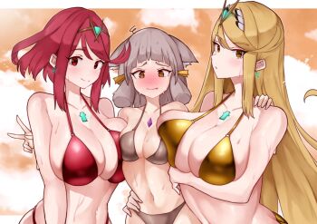 absurdres alternate_costume asymmetrical_docking bikini breast_envy breast_press breasts highres large_breasts mythra_(xenoblade) nia_(xenoblade) pyra_(xenoblade) swimsuit xenoblade_chronicles_(series) xenoblade_chronicles_2 yotsuha_uni
