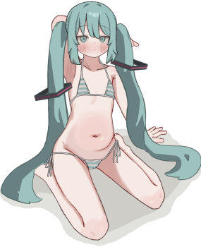 1girl 3d absurdly_long_hair absurdres axys bikini blue_bikini blue_eyes blue_hair blush commentary full_body hair_ornament hatsune_miku highres loli long_hair looking_at_viewer navel simple_background solo striped_bikini striped_clothes swimsuit twintails very_long_hair vocaloid white_background white_bikini