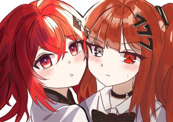 2girls absurdres black_ribbon cheek-to-cheek crossed_bangs daiya_fortuna diagonal_bangs diamond-shaped_pupils diamond_(shape) diamond_hair_ornament hair_ornament hair_over_one_eye heads_together heart heart-shaped_pupils heterochromia high_ponytail highres looking_at_viewer mismatched_pupils multiple_girls oh_nyoo pixellink ponytail red_eyes red_hair ribbon royal_flush scarlett_flameheart shirt short_hair symbol-shaped_pupils virtual_youtuber vreverie white_background white_shirt