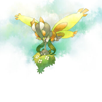 animal_focus antennae bug commentary_request flower flying gen_4_pokemon insect_wings leaf mothim nintendo no_humans pokemon pokemon_(creature) pokemon_focus white_flower wings wormadam wormadam_(plant) yapo_(mess)