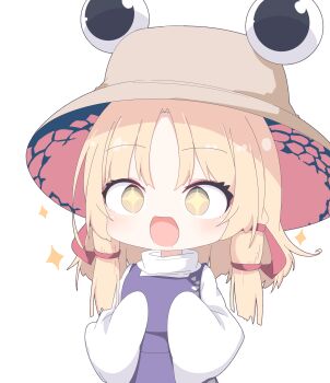 Rule 34 | + +, 1girl, :d, absurdres, blonde hair, brown hat, commentary request, darumoon, deformed, drooling, eyeshadow, hair ribbon, hat, high-waist skirt, highres, light blush, long sleeves, makeup, medium hair, moriya suwako, mouth drool, no nose, open mouth, orange eyes, parted bangs, print vest, purple skirt, purple vest, red ribbon, ribbon, scale print, shirt, simple background, skirt, skirt set, sleeves past fingers, sleeves past wrists, smile, solo, sparkle, touhou, tress ribbon, turtleneck, upper body, vest, white background, white shirt, wide-eyed, wide sleeves