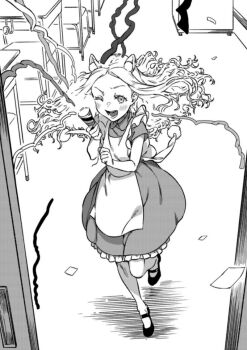 1girl alice_anotherbible animal_ear_fluff animal_ears apron cat_ears child confetti door dress frilled_dress frills full_body greyscale haimura_kiyotaka halftone_dot_(medium) holding indoors long_hair looking_at_viewer mary_janes monochrome novel_illustration official_art open_door open_mouth party_popper running shoes short_sleeves smile solo standing toaru_majutsu_no_index toaru_majutsu_no_index:_genesis_testament wavy_hair window