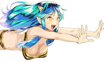 1girl animal_print aqua_hair bikini blue_hair breasts cleavage cone_horns conto eyeshadow fangs hanging_breasts horns large_breasts long_hair lum makeup oni open_hands open_mouth outstretched_arms outstretched_hand pink_eyeshadow pointy_ears print_bikini reaching small_horns solo strapless strapless_bikini striped_horns swimsuit tiger_print upper_body urusei_yatsura yellow_bikini yellow_eyes yellow_horns