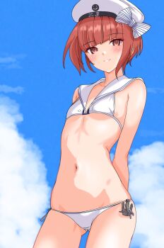 1girl absurdres anchor_ornament arms_behind_back bikini blue_sky blunt_bangs brown_eyes brown_hair clothes_writing cloud contrapposto gluteal_fold hat highres kantai_collection lowleg lowleg_bikini nitamako_(sakamalh) sailor_bikini sailor_collar sailor_hat short_hair side-tie_bikini_bottom sky solo swimsuit white_bikini white_hat white_sailor_collar z3_max_schultz_(kancolle) z3_max_schultz_(swimsuit)_(kancolle)
