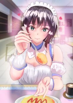 Rule 34 | 1girl, :3, absurdres, aoi erika, aoi erika (deliverer of miracle), black hair, blue eyes, closed mouth, coffee, coffee mug, commentary request, cup, food, heart, heaven burns red, highres, holding, holding spoon, incoming food, indoors, latte art, looking at viewer, maid, maid headdress, mug, official alternate costume, omelet, omurice, pov, short hair, single bare shoulder, smile, solo, split mouth, spoon, user ahsp8743