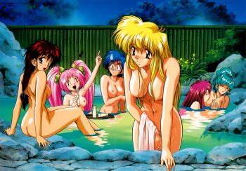 6+girls alcohol aqua_hair arm_support arm_up artist_request ass bamboo_fence bath bathing blonde_hair blue_eyes blue_hair blush bottle braid breast_sucking breasts closed_eyes completely_nude copyright_request covering_privates drunk fence grabbing_another&#039;s_breast groping high_ponytail holding holding_bottle large_breasts long_hair low-tied_long_hair medium_breasts multiple_girls navel night nipples non-web_source nose_blush nude on_rock onsen open_mouth outdoors parted_lips partially_submerged pink_hair pointing pointing_up ponytail red_hair rock round_eyewear sake sake_bottle same-sex_bathing semi-rimless_eyewear shared_bathing short_hair single_braid soaking_feet towel twintails water wet yuri