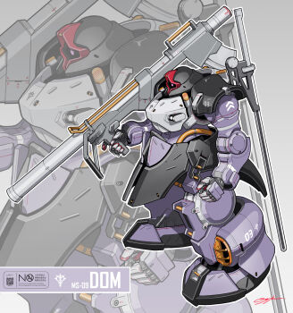 absurdres bazooka_(gundam) clenched_hand commentary dom_(mobile_suit) from_side gundam highres holding holding_weapon mecha mecha_focus mobile_suit mobile_suit_gundam no_humans ogyhara one-eyed purple_eyes qr_code robot science_fiction signature standing sword weapon zeon zoom_layer