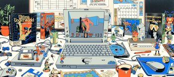 absurdly_detailed_composition billy_blaze_(commander_keen) box cd clerks command_&amp;_conquer commander_keen commentary computer computer_mouse controller cup cyberdemon day_of_the_tentacle doom_(series) doom_ii doomguy english_commentary english_text figure floppy_disk getter_dragon getter_robo getter_robo_g grendizer highres i_want_to_believe jazz_jackrabbit jazz_jackrabbit_(character) laptop los_angeles_lakers magazine_(object) mazinger_(series) microsoft_encarta mr._potato_head mug myst_(game) no_humans pen pinky_demon stephen_maurice_graham tamagotchi tamagotchi_(classic) tamagotchi_(virtual_pet) toy ufo_robo_grendizer ultima_underworld virtual_pet_(toy) x-files