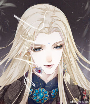 1boy bamboo bishounen black_robe blonde_hair blue_eyes blue_gemstone blue_hanfu bow chinese_clothes chinese_commentary closed_mouth commentary_request commission earrings expressionless eyelashes eyeshadow facial_mark floral_print flower flower_earrings flower_necklace forehead forehead_mark gem gold_necklace gradient_bow grey_background hanfu highres jewelry light_particles lipstick long_hair looking_ahead makeup male_focus mismatched_earrings necklace original pink_lips robe sample_watermark sidelocks solo thick_eyebrows upper_body watermark weibo_watermark yeli_guoqingying