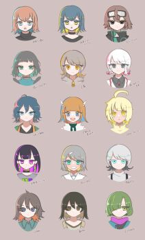 1other 6+girls ahoge aqua_eyes aqua_shirt aqua_trim artist_request black_choker black_eyes black_hair black_jacket black_overalls black_shirt black_sweater blonde_hair blue_eyes blue_hair blue_jacket brown_eyes brown_hair brown_shirt byoushin_wo_kamu_(zutomayo) choker closed_mouth coat collared_shirt colored_eyelashes colored_inner_hair dear._mr_f_(zutomayo) earrings eyes_visible_through_hair facing_viewer fastening_(zutomayo) goggles goggles_on_head green_eyes green_hair green_hakama green_sweater grey_eyes grey_hair grey_hoodie grey_shirt hair_ornament hair_over_one_eye hairpin hakama ham_(zutomayo) haze_haseru_haterumade_(zutomayo) headgear highres hood hoodie humanoid_(zutomayo) jacket japanese_clothes jewelry kangurei_(zutomayo) kettobashita_moufu_(zutomayo) konnakoto_soudou_(zutomayo) mabushii_dna_dake_(zutomayo) milabo_(zutomayo) multicolored_eyes multicolored_hair multiple_girls nira-chan nira-chan_(byoushin_wo_kamu)_(zutomayo) nira-chan_(dear._mr_f)_(zutomayo) nira-chan_(ham)_(zutomayo) nira-chan_(haze_haseru_haterumade)_(zutomayo) nira-chan_(humanoid)_(zutomayo) nira-chan_(kangurei)_(zutomayo) nira-chan_(kettobashita_moufu)_(zutomayo) nira-chan_(konnakoto_soudou)_(zutomayo) nira-chan_(mabushii_dna_dake)_(zutomayo) nira-chan_(milabo)_(zutomayo) nira-chan_(nouriueno_cracker)_(zutomayo) nira-chan_(obenkyou_shitoiteyo)_(zutomayo) nira-chan_(seigi)_(zutomayo) nira-chan_(tadashiku_narenai)_(zutomayo) nouriueno_cracker_(zutomayo) obenkyou_shitoiteyo open_clothes open_jacket open_mouth orange_eyes orange_hair orange_trim overalls pink_eyes pink_hair pink_sweater sailor_collar seigi_(zutomayo) shirt sidelocks simple_background smile song_name source_request streaked_hair sweater tadashiku_narenai_(zutomayo) teiketsu_(fastening)_(zutomayo) teiketsu_(zutomayo) third-party_source triangle_earrings turtleneck turtleneck_shirt turtleneck_sweater two-tone_eyes two-tone_hair upper_body v-neck white_coat white_eyelashes white_hair white_sailor_collar white_shirt yellow_eyes zutto_mayonaka_de_ii_no_ni