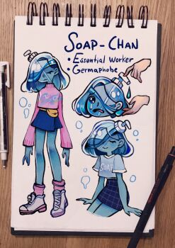 Rule 34 | 1girl, 1other, blue hair, blue skin, bob cut, bubble, closed eyes, closed mouth, colored skin, crop top, crying, crying with eyes open, eyelashes, fanny pack, feefal, frown, highres, long sleeves, open mouth, original, procreate (medium), see-through body, shirt, shoes, sitting, skirt, smile, sneakers, soap, soap-chan (feefal), soap bottle, socks, standing, sweater, t-shirt, tears