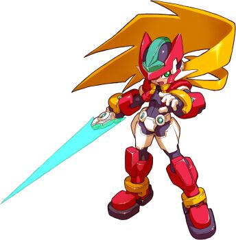 1boy absurdres archived_source armor black_bodysuit blonde_hair bodysuit boots cropped_jacket crotch_plate energy_sword forehead_jewel green_eyes helmet highres holding holding_sword holding_weapon jacket long_hair mega_man_(series) mega_man_zx model_zx_(mega_man) official_art ponytail power_armor red_armor red_boots red_helmet red_jacket simple_background solo sword vent_(mega_man) weapon white_background yabe_makoto