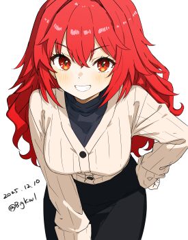 1girl absurdres bigkwl black_shirt black_skirt blush breasts commentary cowboy_shot dated_commentary grin hair_between_eyes hand_on_own_hip highres kantai_collection large_breasts long_hair looking_at_viewer official_alternate_costume one-hour_drawing_challenge pencil_skirt phoenix_(kancolle) red_eyes red_hair shirt simple_background skirt smile solo twitter_username white_background