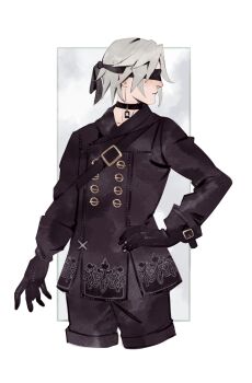 Rule 34 | 1boy, 9s (nier:automata), 9s (nier:automata) (cosplay), absurdres, black choker, black gloves, black jacket, black shorts, black visor, blindfold, border, buttons, choker, cosplay, cowboy shot, cropped legs, double-breasted, final fantasy, final fantasy vii, final fantasy vii: ever crisis, gloves, grey background, grey hair, highres, jacket, male focus, parted bangs, pendant choker, robasarel, sephiroth, sephiroth (ever crisis), short hair, shorts, shoulder belt, solo, white border