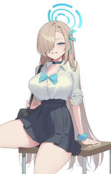 1girl absurdres asuna_(blue_archive) asuna_(school_uniform)_(blue_archive) bag black_choker black_skirt blue_archive blue_bow blue_bowtie blue_eyes blue_halo blue_ribbon blue_scrunchie bow bowtie breasts brown_hair button_gap choker collared_shirt desk dress_shirt grin hair_over_one_eye hair_ribbon half-closed_eye halo hashtag-only_commentary high-waist_skirt highres ina_seo large_breasts long_hair looking_at_viewer on_desk one_eye_covered pleated_skirt ribbon school_bag school_desk school_uniform scrunchie shirt simple_background sitting skirt sleeves_rolled_up smile solo very_long_hair white_background white_shirt wrist_scrunchie