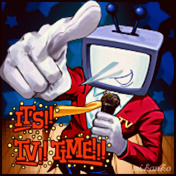 1boy ant_tenna artist_name black_pants border brown_border crt deltarune gloves highres holding holding_microphone male_focus microphone mikanko necktie object_head pants pointing pointy_nose shirt smile solo stage star_(symbol) tailcoat utdr_(toby_fox) white_gloves white_shirt yellow_necktie