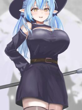 1girl bare_shoulders black_dress black_hat black_sleeves blue_hair blurry blurry_background breasts cleavage_cutout clothing_cutout cowboy_shot detached_sleeves dress hat highres hololive huge_breasts karefeee low_twintails pointy_ears twintails virtual_youtuber witch_hat yukihana_lamy
