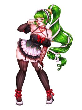 Rule 34 | 1girl, absurdres, acme iku, acme iku (neo), adjusting eyewear, artist collaboration, black shirt, black thighhighs, blunt bangs, breasts, choker, cleavage, curvy, detached sleeves, frilled skirt, frills, full body, garter straps, glasses, green eyes, green hair, hand on own knee, high ponytail, highres, kurotrash, lips, looking at viewer, maid, maid headdress, maidloid, moony6erry, non-web source, official art, ponytail, puffy detached sleeves, puffy sleeves, red-framed eyewear, red choker, red ribbon, ribbon, shirt, shoes, simple background, skirt, smile, solo, standing, striped clothes, striped thighhighs, tachi-e, thighhighs, transparent background, utau, white shoes, white skirt, zettai ryouiki