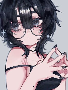 1girl bare_shoulders black_camisole black_eyes black_hair black_nails breasts camisole commentary eyelashes glasses grey_background hair_between_eyes hashtag-only_commentary highres medium_breasts medium_hair messy_hair mole mole_on_arm nail_polish original oubaisameko_181 sideways_glance solo steepled_fingers strap_slip thick_eyebrows wolf_cut