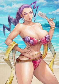 1girl \||/ absurdres ahoge alternate_costume beach beads belly_chain belt belt_buckle bikini blue_sky breasts brown_belt buckle card cirenk cloud cloudy_sky collarbone colored_eyelashes commentary commission contrapposto day english_commentary floral_print flower hagoromo hair_slicked_back hand_on_own_hip hand_up highres holding holding_card horizon huge_breasts jewelry lips looking_at_viewer loose_belt mixed-language_commentary name_connection narrow_waist navel object_namesake ocean outdoors palm_tree parted_lips pink_bikini pinky_out print_bikini purple_eyes purple_flower purple_hair red_lips revision rose rose_(street_fighter) shawl sidelocks single_hair_intake sky solo standing strapless strapless_bikini street_fighter street_fighter_zero_(series) swimsuit tarot tarot_card thick_thighs thighs toned traditional_media tree v-shaped_eyebrows water wavy_hair
