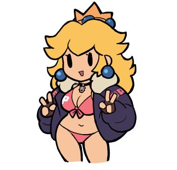 1girl :d bikini blonde_hair breasts chibi choker cleavage commentary crown double_v english_commentary fingerless_gloves gloves heiyuu! large_breasts long_hair mario_(series) mob_face navel nintendo open_mouth princess_peach simple_background smile swimsuit v white_background