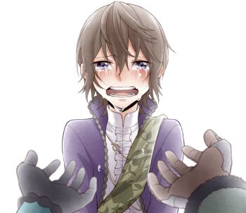 1girl 2boys black_gloves blush brown_gloves brown_hair center_frills commentary_request crying crying_with_eyes_open emil_(human)_(nier) frills gloves hair_between_eyes highres jacket kaine_(nier) long_sleeves looking_at_viewer multiple_boys nier nier_(brother) nier_(series) open_clothes open_hand open_jacket open_mouth out_of_frame purple_eyes purple_jacket shirt short_hair simple_background tamakingx422x tears upper_body white_background white_shirt