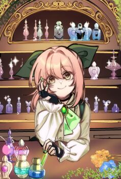 1girl black_gloves breasts brooch closed_mouth commentary english_commentary fingerless_gloves fingernails gem gloves green_gemstone green_nails hair_between_eyes hand_on_own_cheek hand_on_own_face highres indoors jewelry long_sleeves looking_at_viewer medium_hair nail_polish original parted_bangs pink_hair potion ryuuxin shirt smile solo white_shirt yellow_eyes