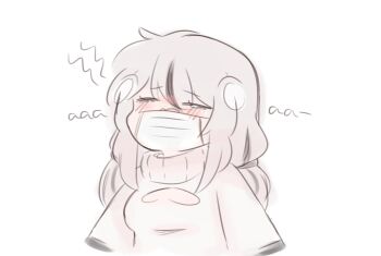 1girl artist_self-insert black_hair blush breasts chonkyorca cleavage_cutout closed_eyes clothing_cutout commentary english_commentary facing_viewer grey_hair hair_between_eyes heart_cutout highres long_hair long_sleeves low_twintails mask medium_breasts mouth_mask multicolored_hair open_mouth orca_(chonkyorca) original simple_background sketch solo streaked_hair surgical_mask sweater tears turtleneck turtleneck_sweater twintails upper_body white_background