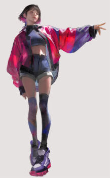 1girl black_hair blue_shirt blue_shorts breasts closed_mouth colored_inner_hair commentary_request cropped_shirt full_body hand_up highres jacket korean_commentary lips long_sleeves looking_to_the_side medium_hair midriff multicolored_hair nose open_clothes open_jacket original purple_hair purple_jacket purple_shoes purple_thighhighs sangsoo_jeong shirt shoes shorts simple_background small_breasts solo standing thighhighs white_background