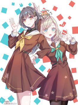 3girls :d ^_^ aqua_neckerchief black_pantyhose blue_background blue_eyes brown_dress ceras_yanagida_lilienfeld chibi closed_eyes collarbone commentary_request cowboy_shot dress edel_note grey_hair grin hair_intakes hair_ornament hair_ribbon hand_on_own_hip hasu_no_sora_school_uniform highres hinoshita_kaho katsuragi_izumi link!_like!_love_live! long_sleeves looking_at_viewer love_live! mini_person minigirl multiple_girls neckerchief open_hand open_mouth orange_eyes orange_hair pantyhose pink_ribbon pleated_dress red_background ribbon sailor_collar sailor_dress sakari_(pear_8_ll) school_uniform short_dress slit_pupils smile square standing swept_bangs translation_request triangle_hair_ornament virtual_youtuber white_sailor_collar winter_uniform wolf_cut yellow_neckerchief