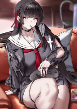 1girl black_choker black_hair black_serafuku black_shirt black_skirt blush breasts cat chisa_(wuthering_waves) choker cliov commentary hair_ribbon highres large_breasts long_hair long_sleeves looking_at_viewer neckerchief red_eyes red_neckerchief red_ribbon ribbon sailor_collar school_uniform serafuku shirt skirt solo white_sailor_collar wuthering_waves
