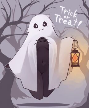 1girl bare_tree breasts commentary cropped_legs fog ghost_costume halloween_costume highres holding holding_lantern kaginoni lantern looking_at_viewer navel original sheet_ghost smile solo tree trick_or_treat wavy_mouth