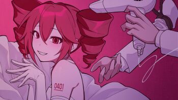 1girl 1other absurdres adjusting_another&#039;s_hair dress drill_hair elbow_gloves from_side gloves hair_between_eyes hair_dryer highres holding holding_hair_dryer kasane_teto number_tattoo off-shoulder_dress off_shoulder own_hands_together red_background red_eyes red_hair shoulder_tattoo smile tattoo tomya utau white_dress white_gloves zuutto_issho_(kitani_tatsuya)