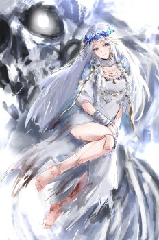 1girl absurdres braid closed_mouth commentary_request cracked_skin doll_joints dress elden_ring elden_ring_nightreign green_eyes head_wreath heiyan_heiyan highres joints long_hair looking_at_viewer multiple_braids revenant_(elden_ring) revision solo torn_clothes torn_dress white_dress white_hair