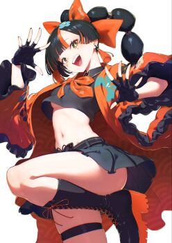 1girl belt black_belt black_boots black_hair black_skirt blunt_bangs boots bow bowtie breasts butterfly_belt_buckle choya_hanabi crop_top earrings eyeliner facial_mark fingerless_gloves floral_print flower from_below gloves hair_bow hair_flower hair_ornament haori highres japanese_clothes jewelry long_hair loose_bowtie makeup medium_breasts midriff miniskirt multicolored_hair niboshidrip open_mouth orange_bow orange_bowtie orange_nails red_eyeliner skirt solo standing standing_on_one_leg streaked_hair tassel tassel_earrings thigh_strap thighs underboob virtual_youtuber vspo! white_background yellow_eyes