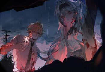 1boy 1girl backlighting blonde_hair blood blood_on_clothes blood_on_face bloom car_trunk chiaroscuro cloud cloudy_sky collared_shirt dark dutch_angle from_below from_inside glowing glowing_eyes grey_eyes grin headdress hime_cut holding holding_phone horror_(theme) kubrick_stare lens_flare long_hair looking_down low_twintails messy_hair neck_ribbon necktie night obstructed_view original out_of_frame outdoors parted_lips phone pov power_lines rain ribbon shirt short_hair sky sleeves_rolled_up smile striped_necktie twintails utility_pole very_long_hair white_hair white_shirt wide-eyed zhishiwan