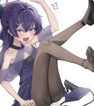 Rule 34 | 1girl, absurdres, bare shoulders, black pantyhose, black shoes, blue archive, blush, breasts, cleavage, commentary request, dress, hair between eyes, half updo, halo, haruka (blue archive), haruka (dress) (blue archive), high heels, highres, long hair, looking at viewer, official alternate costume, official alternate hairstyle, open mouth, panties, panties under pantyhose, pantyhose, purple dress, purple eyes, purple hair, purple halo, shj1998z, shoes, sidelocks, single shoe, solo, underwear