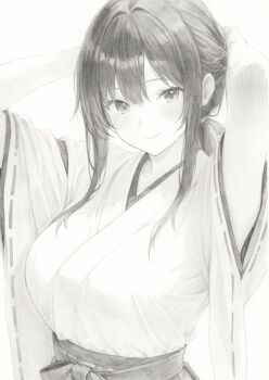 1girl absurdres arms_up ayane_(ayaneiroaya) black_hair blunt_bangs blush bow breasts closed_mouth commentary_request floating_hair from_above graphite_(medium) hair_between_eyes highres japanese_clothes kimono large_breasts long_hair long_sleeves looking_at_viewer monochrome obi original pale_skin sash shading_eyes sidelocks simple_background sketch smile solo standing straight-on traditional_media tying_hair upper_body white_background wide_sleeves
