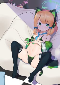 2girls animal_ear_headphones animal_ears bikini black_bikini black_socks black_thighhighs blonde_hair blue_archive breasts cat_ear_headphones cat_ears cat_tail controller fake_animal_ears female_focus full_body hair_tie halo headphones highres holding holding_controller loli looking_at_viewer lying midori_(blue_archive) momoi_(blue_archive) multiple_girls navel nichts233 on_back on_bed short_hair small_breasts socks solo_focus spread_legs swimsuit tail thighhighs