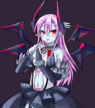 1girl amemiya_issa asmodeus_(eco) beret black_background black_dress black_gloves black_hat black_horns black_wings blue_skin body_markings breasts choker cleavage clothing_cutout colored_skin dress elbow_gloves emil_chronicle_online gloves gradient_horns gradient_wings grey_choker hat highres horns large_breasts long_hair multicolored_horns multicolored_wings multiple_wings navel pink_hair pointy_ears red_eyes red_horns red_wings sleeveless sleeveless_dress solo stomach_cutout tongue tongue_out white_dress wings